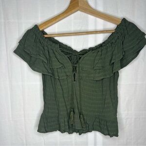 Express on off shoulder flutter sleeve crepe baby doll top olive green XS